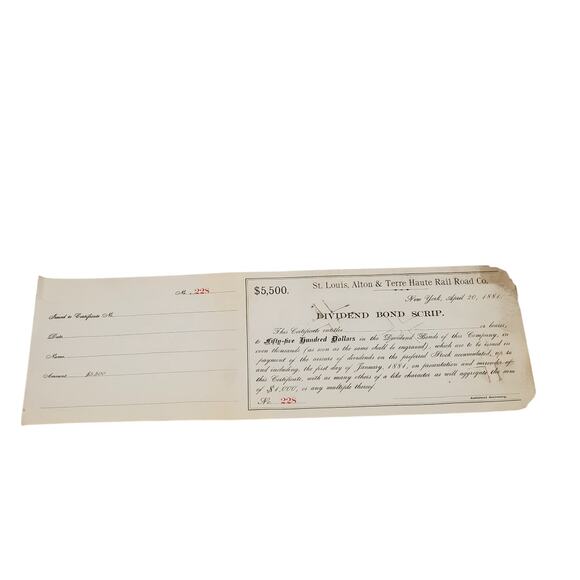 St. Louis, Alton and Terre Haute Rail Road Co NY $5,500 Bond Railroad Bonds 228 - Picture 1 of 6